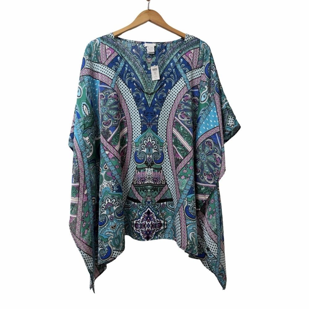Chicos Costa Jewel Poncho Size L/XL Printed Satin Top Blue Coastal Beach Coverup